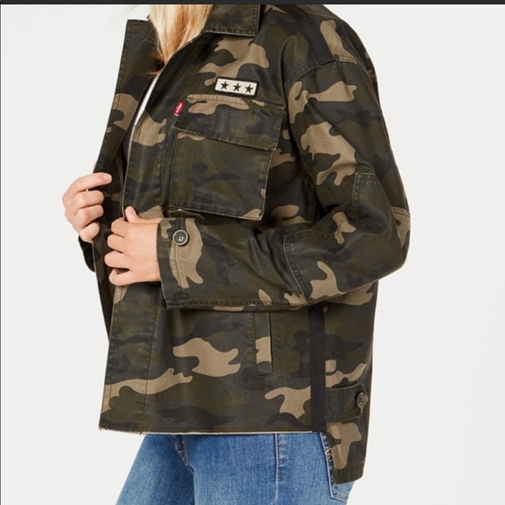 Levi’s Cotton Camo Printed Military Utility Trucker Jacket: Army Green/Tan - Picture 7 of 15